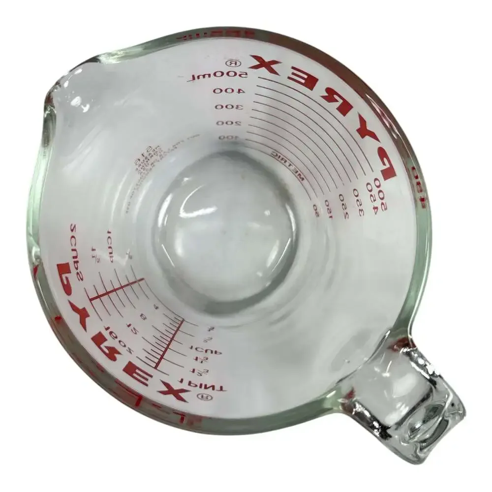 Vintage Pyrex Glass Measuring Cup Red Lettering Open J Handle 2 Cup 1 Pint Chip